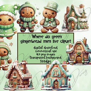 Sweet Christmas Clipart Gingerbread, speciale groene editie van 4 x 4 png-afbeeldingen van peperkoekmannetjes en hun huizen, geweldig voor kerst