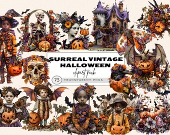 Retro Halloween Clipart Set, Quirky Halloween Clipart, Surreal Halloween, Halloween Clipart Mega Bundle, Floral Scull And Skeleton Clipart