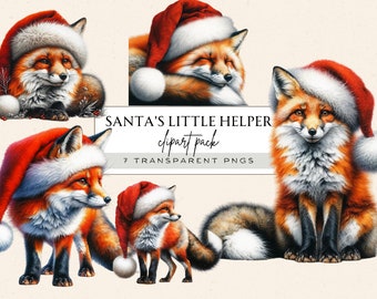Cute Winter Foxes Clipart, Winter Fox Watercolor Clipart, Winter Fox Png, Winter Fox Watercolor Clipart Png, Fox Face Png, Santa's Fox Png
