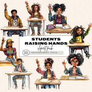 Clipart bundel tiener, tienermeisje clipart, middelbare school tieners op school, handen opsteken clipart, Afro-Amerikaanse studenten, terug naar school