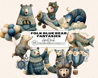 Watercolor Blue Teddy Bear Clipart, Boho Surreal Teddy Bear, Scandinavian Folk Clipart, First Birthay Png, Teddy Bear Nursery, Celebration