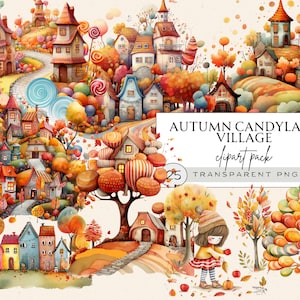 Accogliente clipart di casa autunnale, clipart case minuscole, clipart autunno Candyland, case di villaggio Png, clipart paesaggio autunnale, scoiattolo Png, bambini