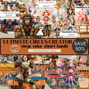 Kit de carnet de bordel de cirque, clipart thème cirque, pages de carnet de bordel de cirque, cirque vintage, clipart aquarelle cirque, animaux de cirque, surréaliste