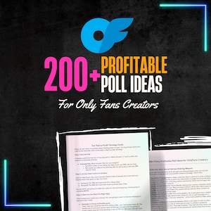 Op de afbeelding: Promotieafbeelding met de tekst "200+ PROFITABLE POLL IDEAS For Only Fans Creators". De afbeelding heeft een donkere achtergrond met een blauwe en groene neonrand en een logo in de linkerbovenhoek.