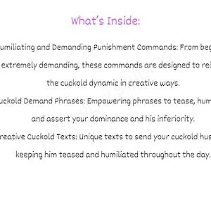 Master the art of cuckold communication with this script and command guide. Features a wide array of mistress demands, cuckold prompts, and explicit dirty talk for hotwife and FemDom play. This ebook provides the ultimate resource for couples wanting to intensify their cuckold lifestyle and roleplay.