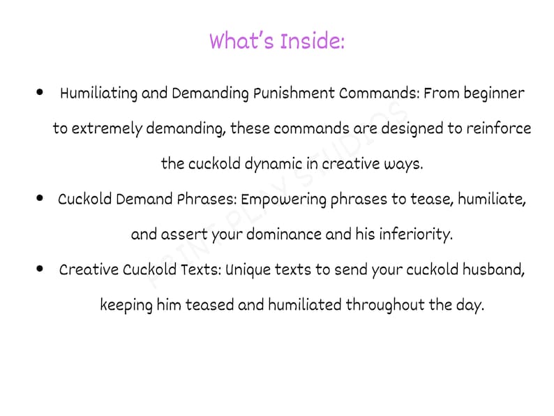 Master the art of cuckold communication with this script and command guide. Features a wide array of mistress demands, cuckold prompts, and explicit dirty talk for hotwife and FemDom play. This ebook provides the ultimate resource for couples wanting to intensify their cuckold lifestyle and roleplay.