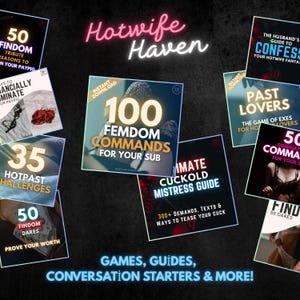 May include: A selection of digital guides and conversation starters, including titles such as "100 Femdom Commands for Your Sub" and "Ultimate Cuckold Mistress Guide." The image has a dark background with neon text.