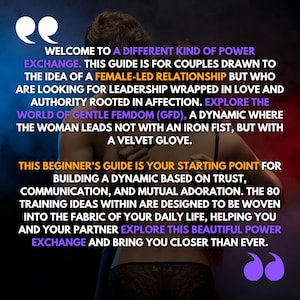 May include: A guide with text about a female-led relationship, power exchange, and gentle femdom. The text is in white and purple on a background of two people embracing. The guide promises to help couples build trust and communication.