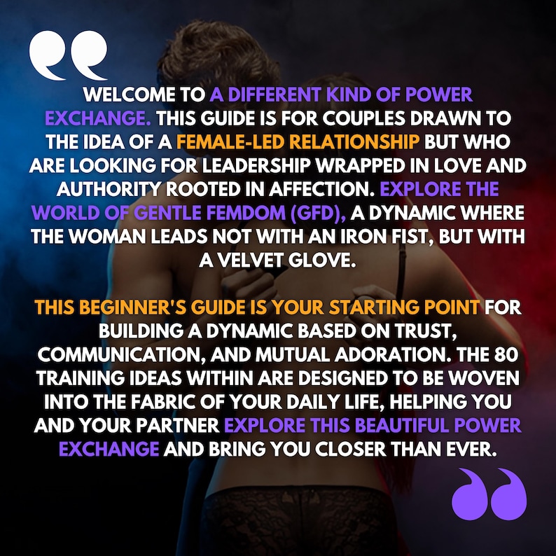 May include: A guide with text about a female-led relationship, power exchange, and gentle femdom. The text is in white and purple on a background of two people embracing. The guide promises to help couples build trust and communication.