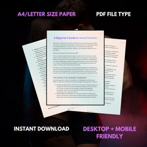 May include: A stack of white A4/Letter size paper with the text "A Beginner's Guide to Gentle Femdom" and other text. The image also includes the text "Instant Download" and "Desktop + Mobile Friendly".