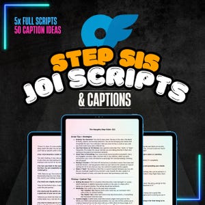 以下が含まれることがあります： 大胆で遊び心のあるフォントで「STEP SIS JOI SCRIPTS & CAPTIONS」というテキストを表示するデジタル製品の広告。画像には、スクリプトのアイデアとキャプションの提案を表示する3つのタブレットが含まれており、「5x FULL SCRIPTS 50 CAPTION IDEAS」というテキストが表示されています。