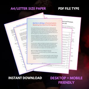 May include: A stack of printable digital documents with text, including "Quit Porn In 30 Days: A Practical Guide to Reclaiming Your Mind from Pornography." The documents are labeled "A4/Letter Size Paper," "PDF File Type," "Instant Download," and "Desktop + Mobile Friendly."