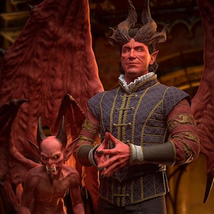 May include: A digital illustration of a devil-like figure with red skin, horns, and large wings. The figure wears a purple and red ornate jacket. A smaller imp-like creature is in the foreground holding a scroll. The image includes the text "PATREON HELL CREATOR".