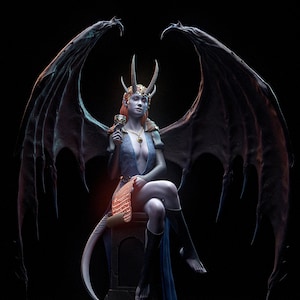 May include: A fantasy sculpture of a seated figure with large, dark wings. The figure has pale skin, red hair, and wears a blue dress and ornate headpiece. She holds a goblet and has a long tail. The sculpture is on a stone base.