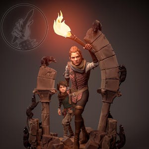 May include: A detailed figurine depicting two characters in a fantasy setting. One figure holds a torch with a bright flame, while the other stands behind. The base and surrounding structures are detailed with stone textures and include several rat figures.
