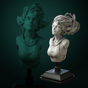 Puede incluir: Una escultura de busto blanco y verde de una elfa femenina con orejas puntiagudas y un collar de cuerda. La escultura está sobre una base negra.