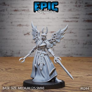 May include: A gray miniature figure of a female warrior with large, ornate wings, a horned helmet, and a long dress. She holds a sword and a staff. The base size is medium (25.5mm). The Epic Miniatures logo is at the top.