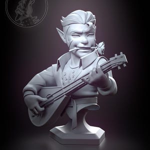 May include: A grey 3D printed bust of a fantasy character playing a lute. The character has pointed ears, a mischievous smile, and is holding a rose in their mouth. The bust is on a simple base.