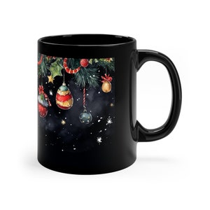 Christmas Themed 11oz Black Mug | Cool Mug | Office Mug | Festive Gift | Ceramic Tea Cup | Teacup | Christmas Mug | Stocking Stuffer