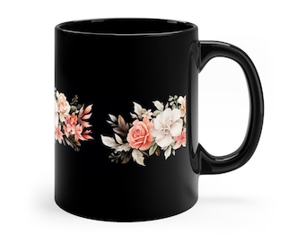Floral 11oz Black Mug | Floral Themed | Cool Mug | Espresso Cup | Plant Lover Gift | Ceramic Tea Cup | Office Mug | Stocking Stuffer