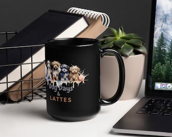 Dog Days & Lattes Black Glossy | Ceramic Coffee Cup | Coffee Lover Gift | Cute Mom Mug | Coworker Gift | Funny Coffee Mug | Dog Lover Gift