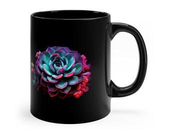 Floral 11oz Black Mug | Floral Themed | Cool Mug | Espresso Cup | Plant Lover Gift | Ceramic Tea Cup | Office Mug | Stocking Stuffer
