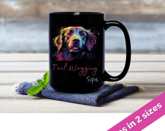 Tail Wagging Sips Black Glossy Mug, Dog Mug, Dog, Gifts, Animal Gifts, Cute Gifts, Coffee mug, Tea Cup