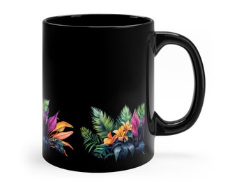 Floral 11oz Black Mug | Floral Themed | Cool Mug | Espresso Cup | Plant Lover Gift | Ceramic Tea Cup | Office Mug | Stocking Stuffer