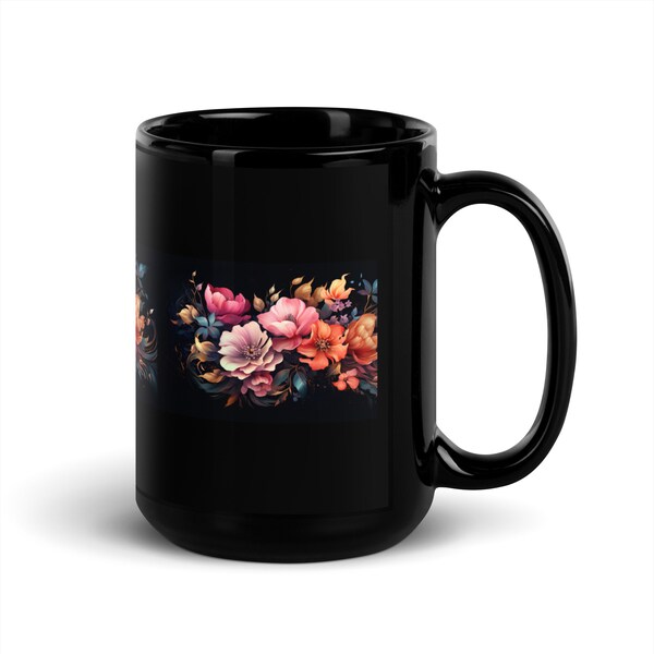 Pink & Orange Flower Black Glossy Ceramic Coffee Cup | Gifted | Floral Gifts Nature Gift | Plant Lovers Gift | Nature Lover Gift