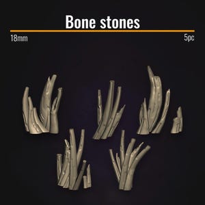 May include: Bone stones, 18mm tall, in a set of 5 pieces. The stones are a light tan color, resembling weathered bone. The image is set against a dark background. The text "Bone stones" is at the top.