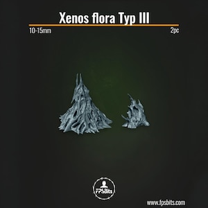 Peut inclure: Deux sculptures grises d'aspect organique, intitulées "Xenos flora Typ III", mesurant entre 10 et 15 mm. Les sculptures présentent un design complexe et texturé, sur fond vert foncé. Le texte "2pc" est également présent.
