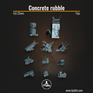 Könnte beinhalten: Set aus 11 Teilen Miniatur-Betontrümmern in Grau. Die Größen variieren von 4,6 mm bis 25 mm, einige mit freiliegenden Metallbewehrungen. Der Text "Concrete rubble" ist oben im Bild zu sehen.
