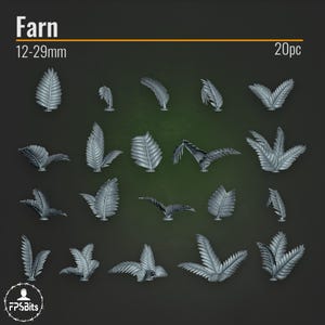 Könnte beinhalten: Ein Set mit 20 silberfarbenen Farnpflanzenmodellen in den Größen 12-29 mm. Die Farne sind in einem Raster auf einem dunkelgrünen Hintergrund angeordnet. Der Text "Farn 12-29mm 20pc" ist oben im Bild sichtbar.