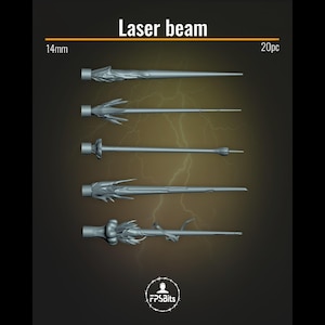 Op de afbeelding: Een verzameling van vijf grijze laserstraalmodellen, elk met een uniek ontwerp. De tekst "Laser beam" staat bovenaan, met "14mm" en "20pc" aan weerszijden. Het FPSBits-logo staat onderaan.