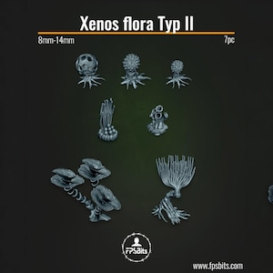 Op de afbeelding: Een verzameling van zeven miniatuur, grijze, buitenaardse flora modellen, met het label "Xenos flora Typ II". De modellen variëren van 8 mm tot 14 mm en hebben verschillende organische vormen, waaronder bolvormige, stekelige en tentakelachtige vormen. De afbeelding bevat het FPSBits-logo.