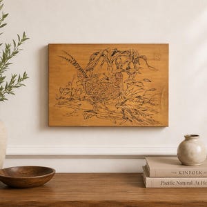 Vintage Pheasant Wood Art | Rustic Bird Line Drawing, Wildlife Decor