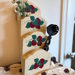Mail Sorter Vintage Hand Painted Solid Wood with Strawberry Design, Rustic Farmhouse Mail Organizer, Perfect Kitchen Gift