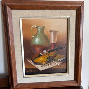 Vintage original acrylic painting of violin, framed musical art for home decor, perfect musician gift