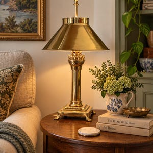 Vintage Brass Table Lamp | Ornate Claw Foot, Adjustable Shade (Hollywood Regency)