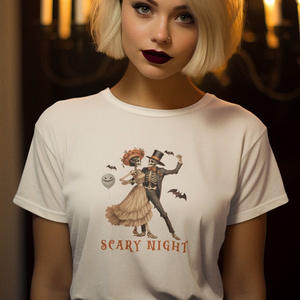 Scary Night - Dancing Skeleton Couple Unisex Softstyle T-Shirt: The Bone-Jiving Bash!