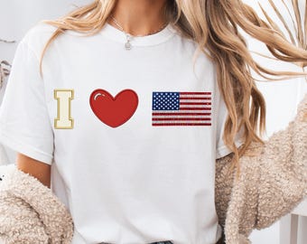 I Love USA PNG PDF Faux Applique Preppy Patriotic Digital Download Fourth of July Shirt Design Vintage Americana Sublimation Printable
