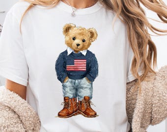 Polo Style Teddy Bear Shirt Americana Bear Comfort Colors 1717 Tee Matching Family Preppy Vintage Bear Graphic Tee Patriotic Top