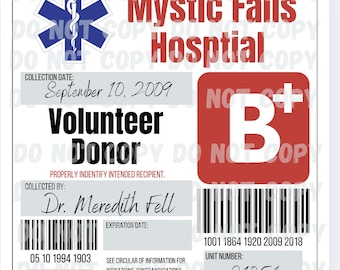 Mystic Falls Blood Bag Custom Blood Bag Label.packed with hidden gems only real TVD fans will spot.Damon Salvatore n’ Elena Gilbert approve