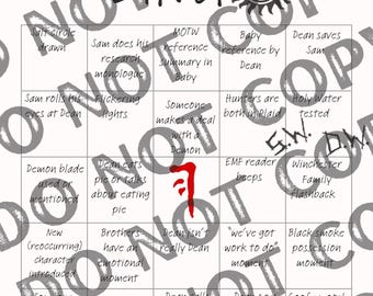 5 cartones únicos de bingo sobrenatural. Sam Winchester, Dean Winchester, Bingo de episodios de Supernatural, Juegos de Supernatural y Fiesta de Supernatural.