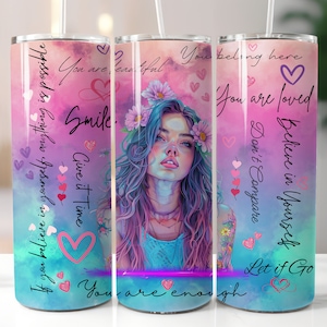 Positive Vibe Tumbler Wrap voor tieners, Positieve Affirmaties Digitale PNG 20oz Sublimatie Tumbler Wrap, Tumbler Designs PNG, Girls Tumbler