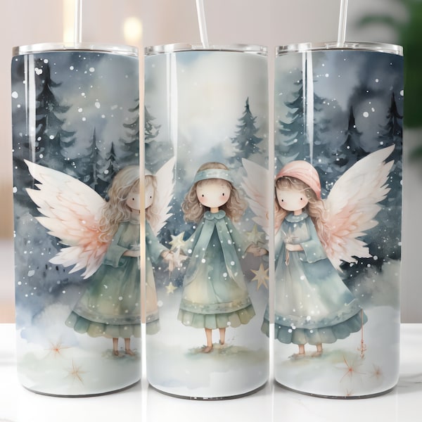 Watercolor Angel 20 oz Skinny Tumbler Sublimation Design Digital Download png Instant DIGITAL ONLY,  Christmas Winter Angel Tumbler PNG