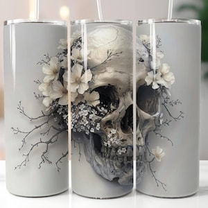 Gothic Skull Sublimation PNG for 20 oz skinny tumbler, 20oz Skinny Tumbler Sublimation Design Digital Download, Floral Skull Tumbler PNG
