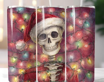 Christmas Skeleton 20oz Tumbler Wrap, Holiday Lights PNG (Digital Download)