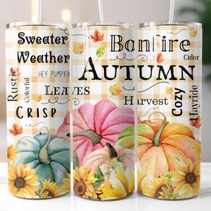 Pumpkin Fall Tumbler Wrap PNG Digital Download for 20 oz Skinny Tumbler, Fall Leaves Tumbler Wrap, Autumn Sub Design Sunflower Tumbler
