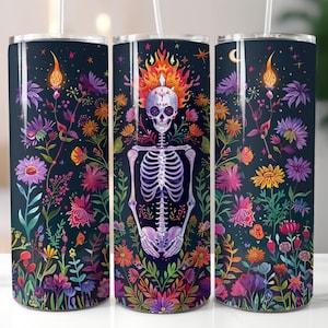 Skulls and Flowers 20 oz Skinny Tumbler Sublimation Design PNG Instant DIGITAL ONLY, Goth Skeleton Tarot Tumbler Digital Design